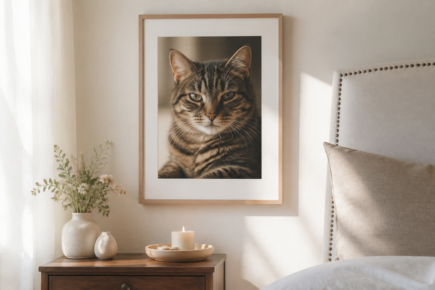 Framed pastel portrait of Mochi, a senior tabby cat