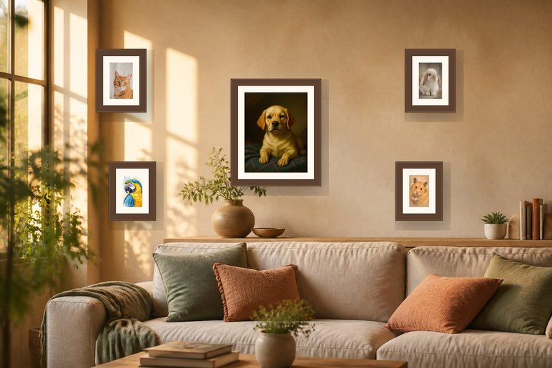 Living-room gallery wall featuring framed PetMona pet portraits